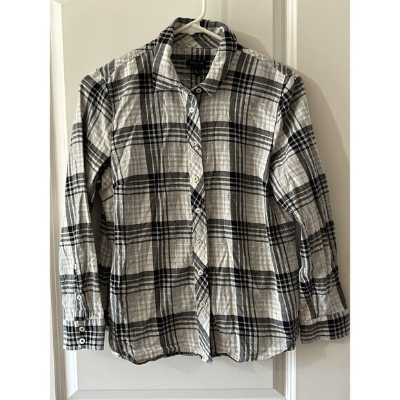 Talbots Petite MP Black Gray Metallic Plaid Long Sleeve Button Front Shirt - Picture 2 of 6